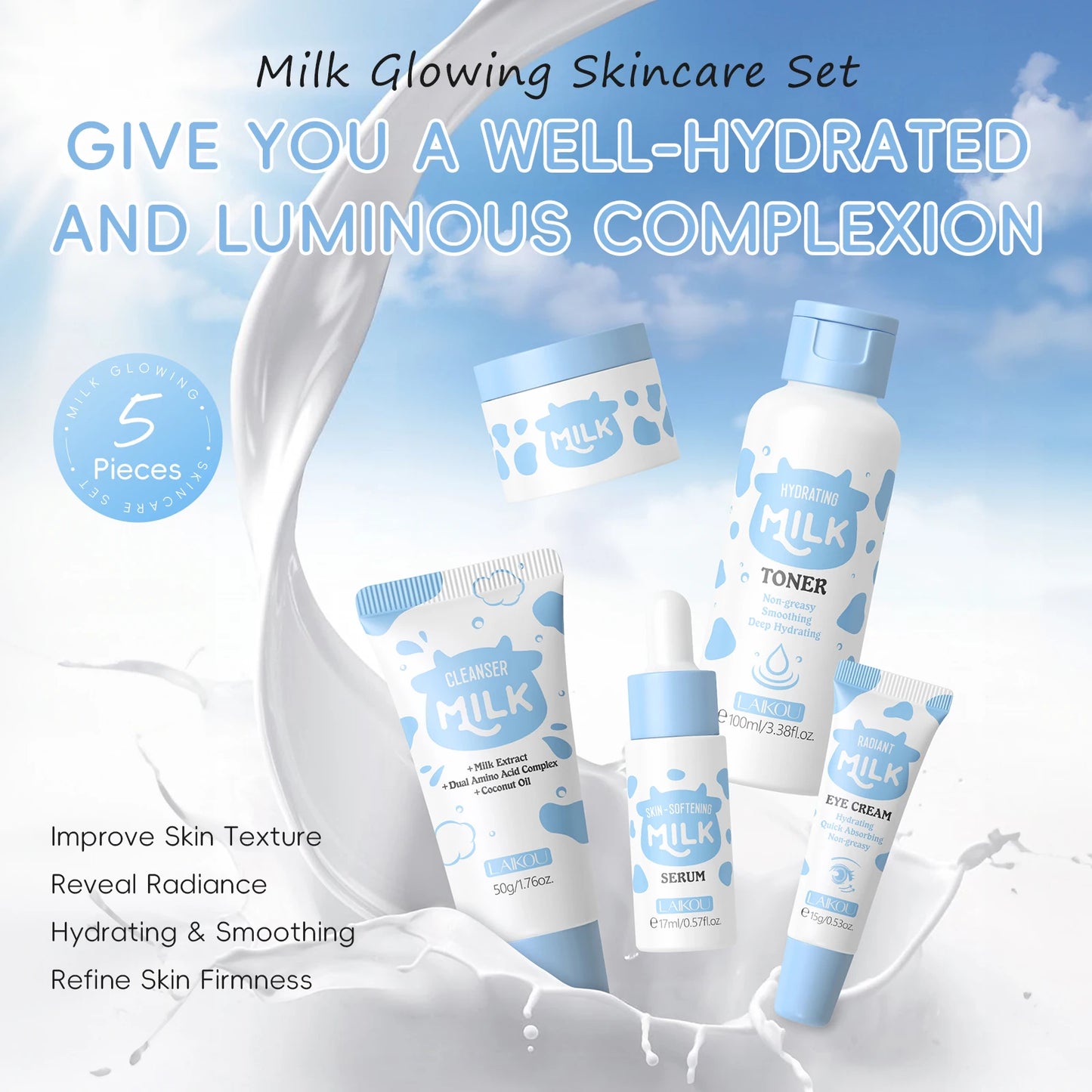 LAIKOU Milk Glowing Skincare Set Hydrating Brightening Anti Age Firming