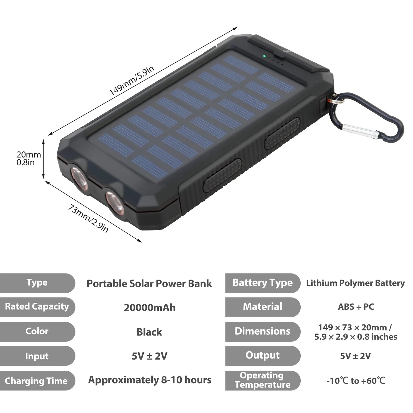 Hik 20000mAh Solar Charger Power Bank Dual USB Waterproof Flashlight