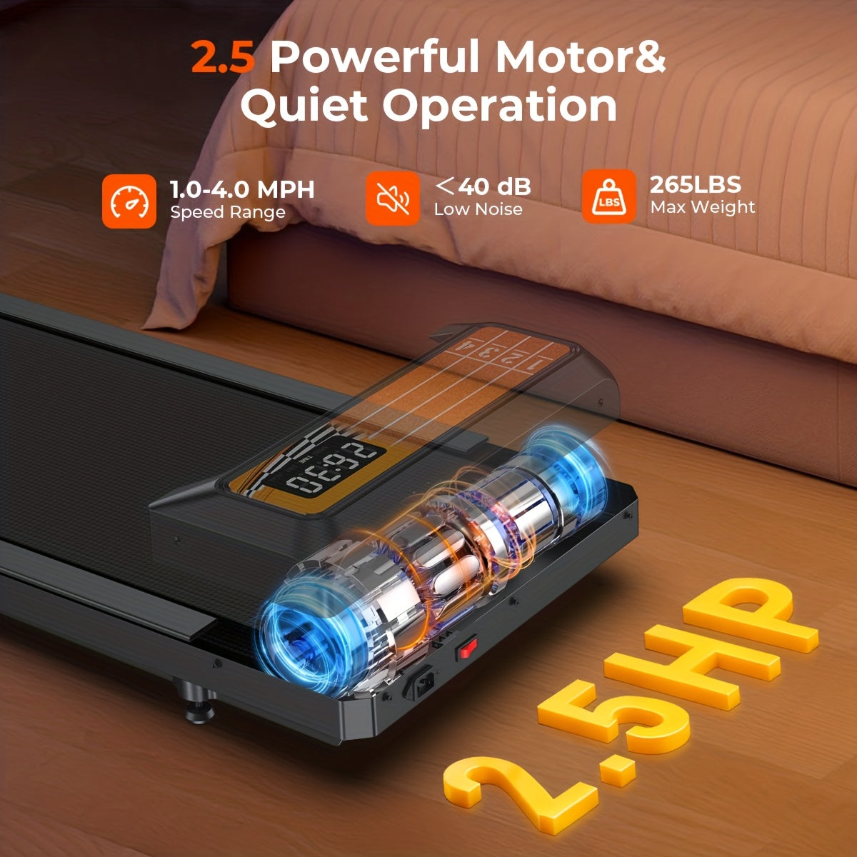 ZORUN 2.5HP Quiet Under Desk Walking Pad Treadmill With Remote