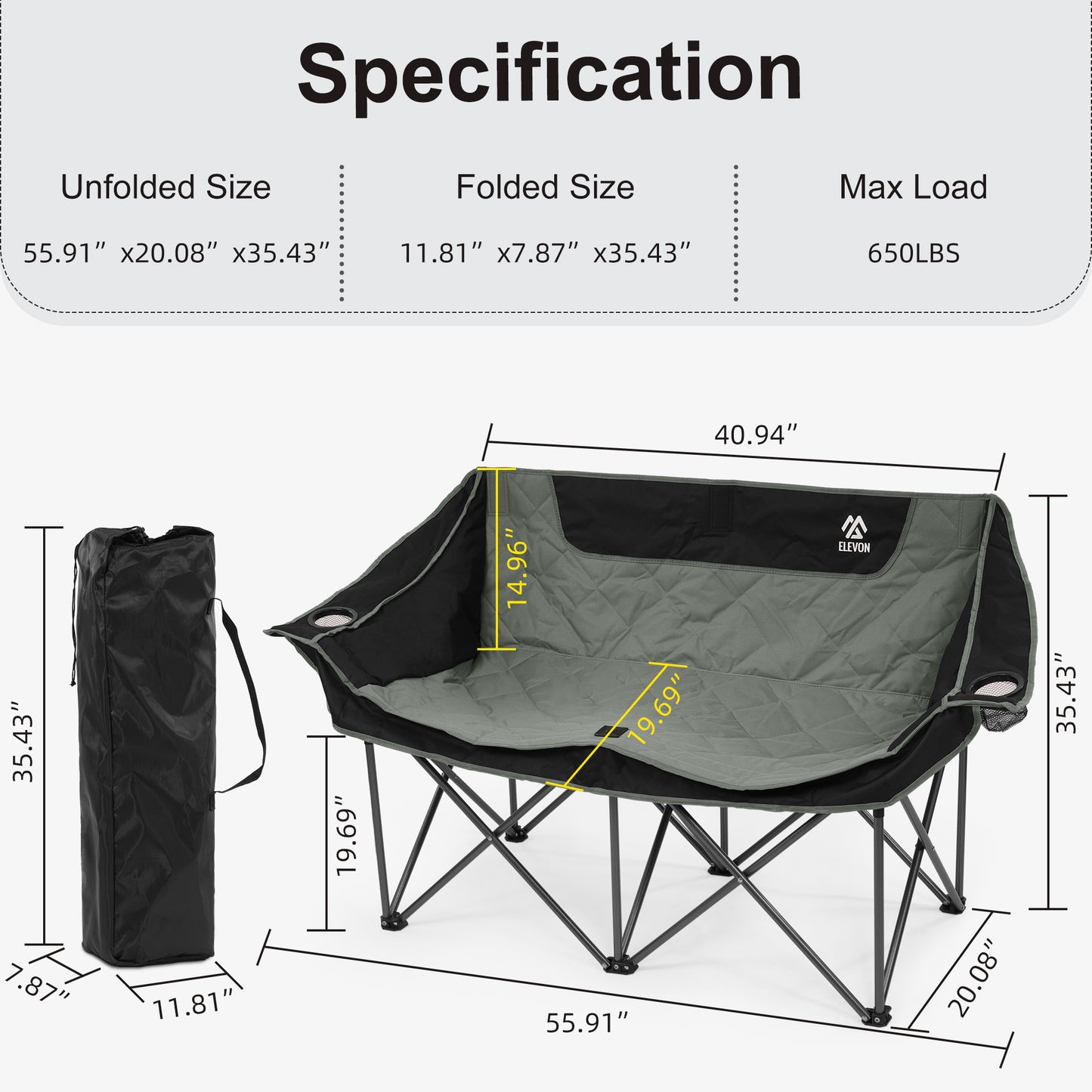 FITVIDS 2-Person Oversized Camping Chair with Cup Holders