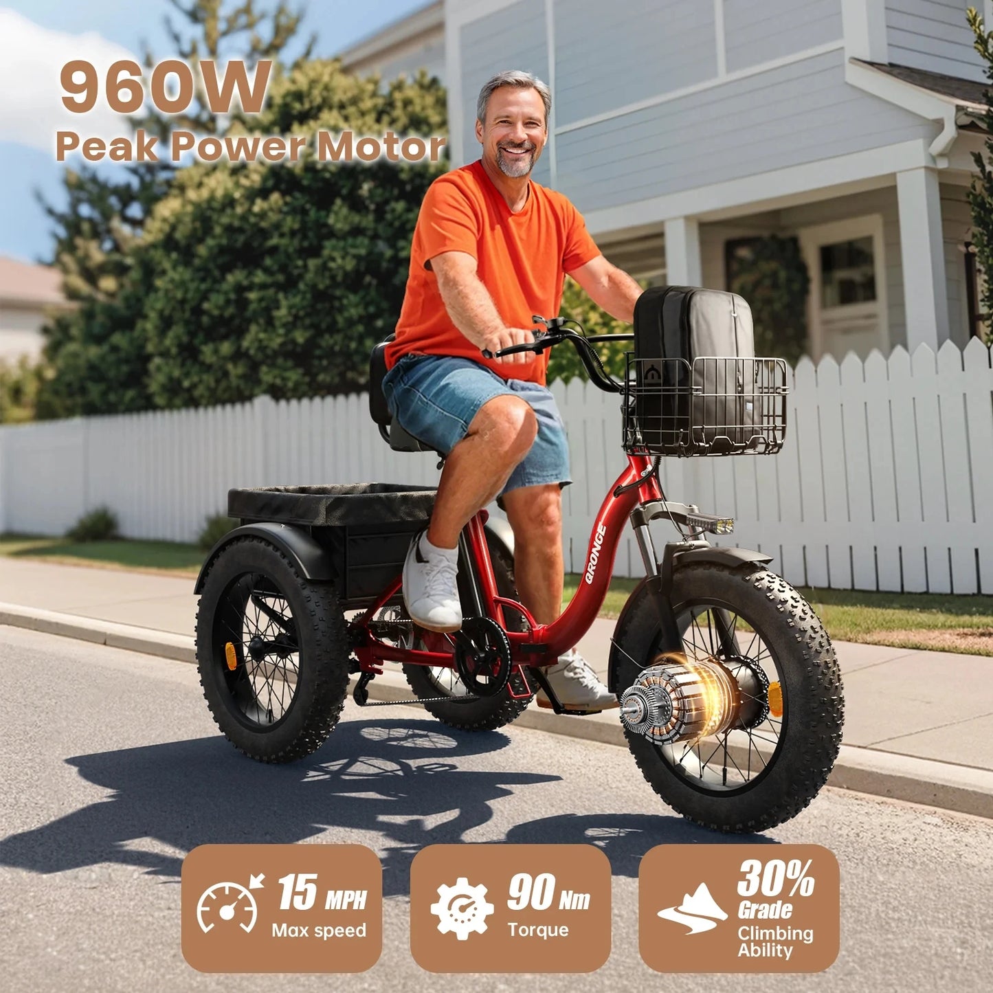 QRONGE 960W Peak Folding Electric Tricycle For Adults
