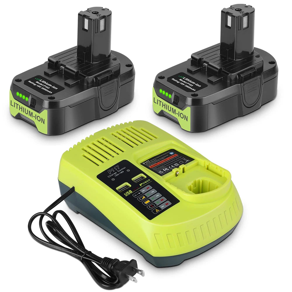 REACELL 2-Pack 3.5Ah Ryobi 18V Battery Charger Set ONE Plus