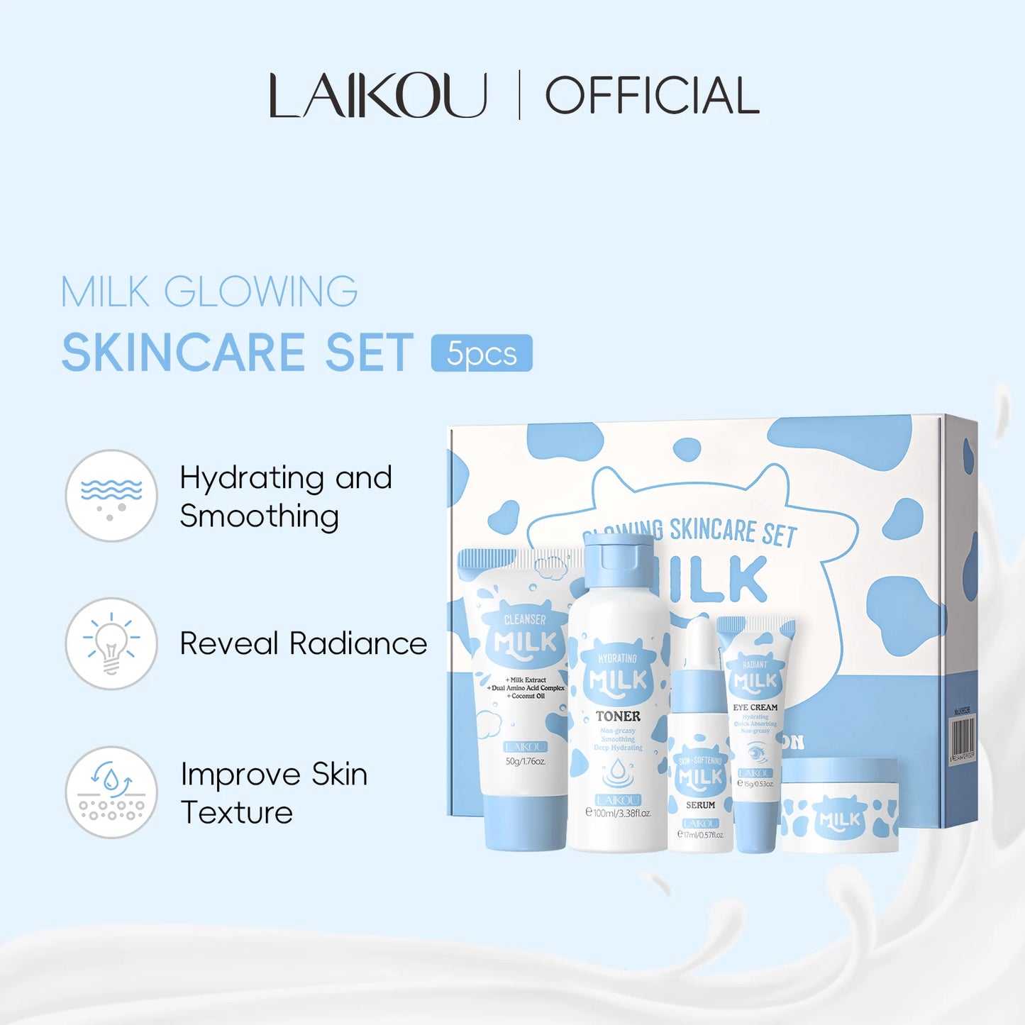LAIKOU Milk Glowing Skincare Set Hydrating Brightening Anti Age Firming