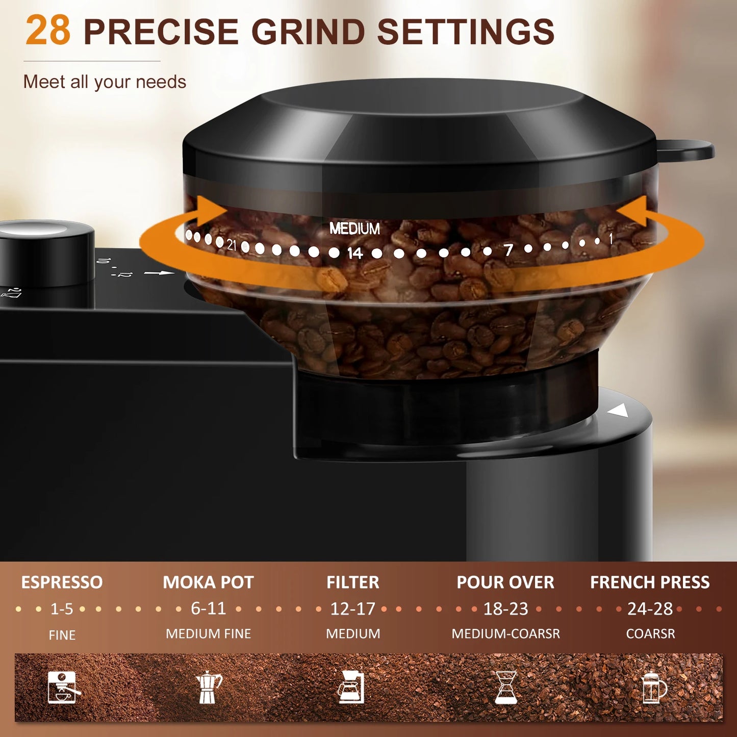 KIRAINAFLY Automatic Burr Mill Coffee Grinder With Adjustable Gears
