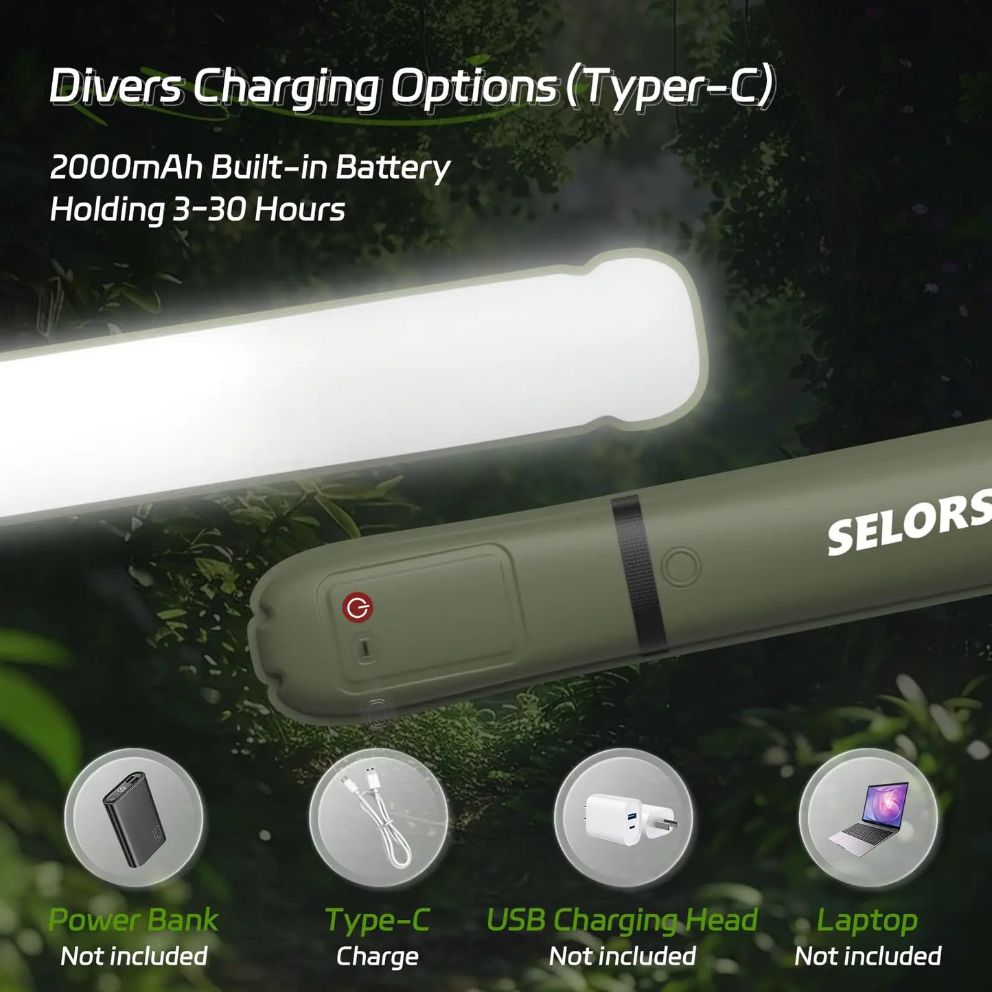 SELORSS Rechargeable Portable Camping Light Waterproof 2000mAh Spotlight