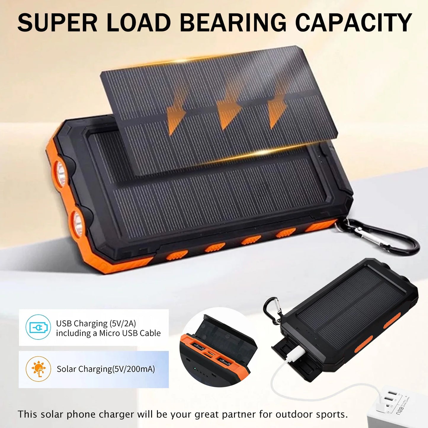 Hik 20000mAh Solar Charger Power Bank Dual USB Waterproof Flashlight