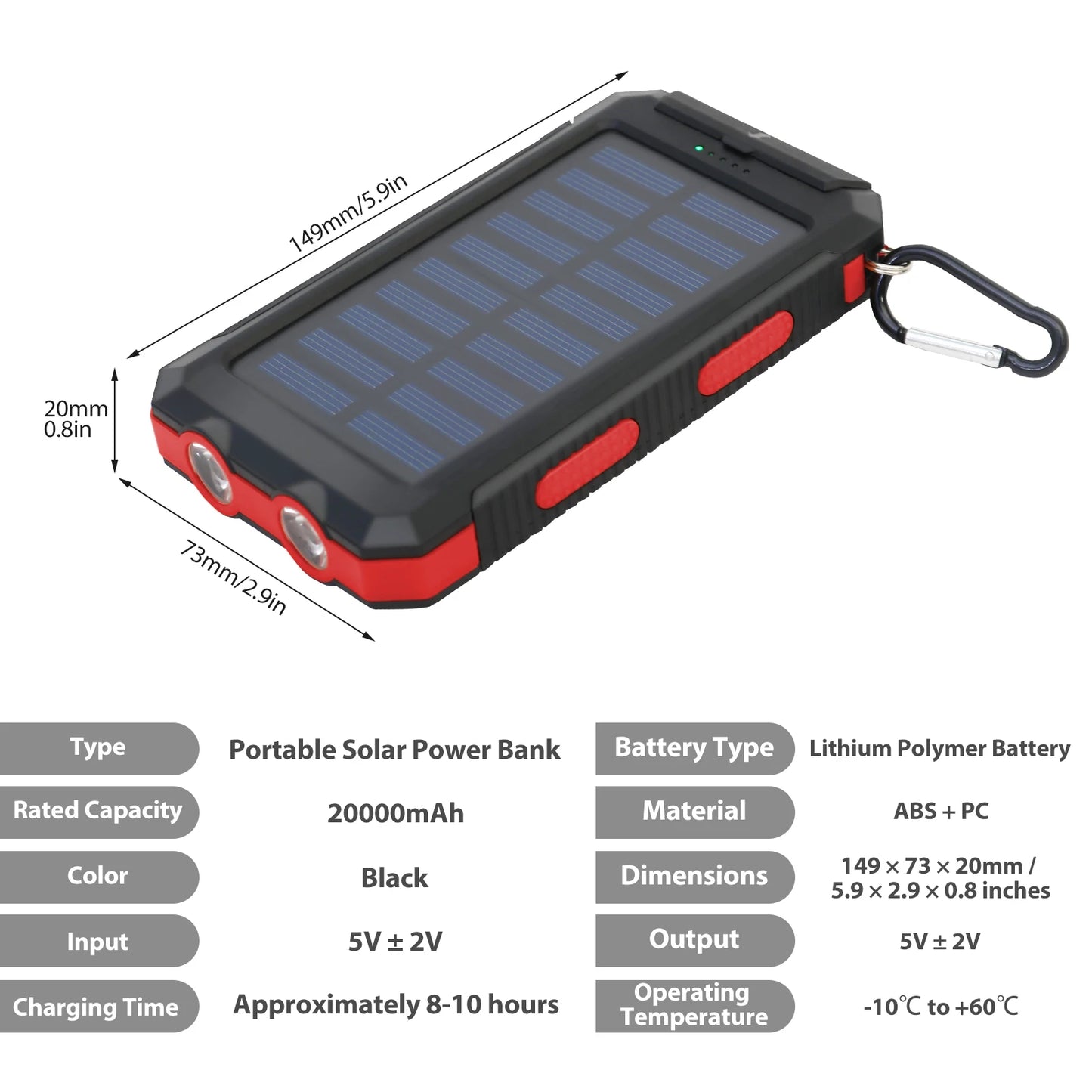 Hik 20000mAh Solar Charger Power Bank Dual USB Waterproof Flashlight