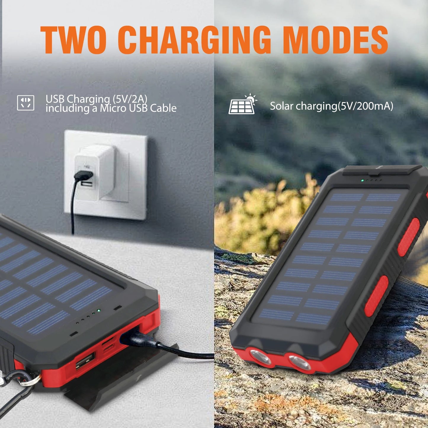 Hik 20000mAh Solar Charger Power Bank Dual USB Waterproof Flashlight