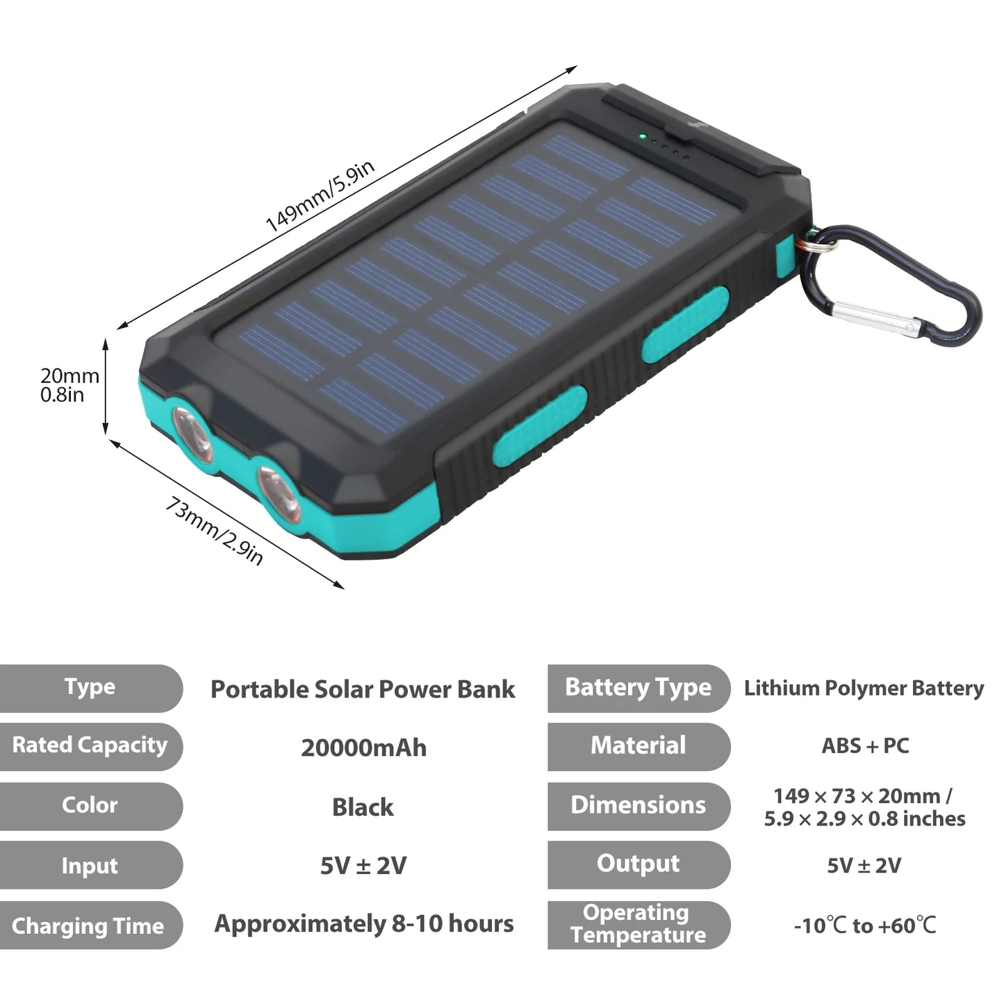 Hik 20000mAh Solar Charger Power Bank Dual USB Waterproof Flashlight
