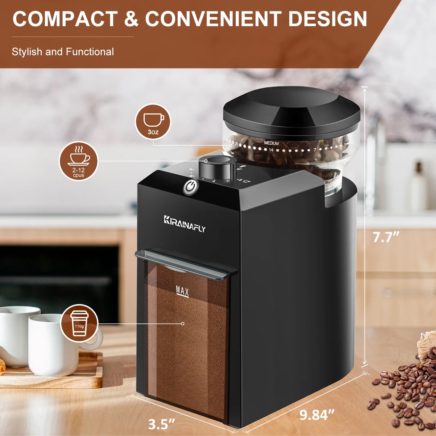 KIRAINAFLY Automatic Burr Mill Coffee Grinder With Adjustable Gears