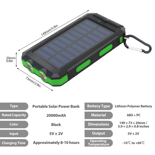 Hik 20000mAh Solar Charger Power Bank Dual USB Waterproof Flashlight