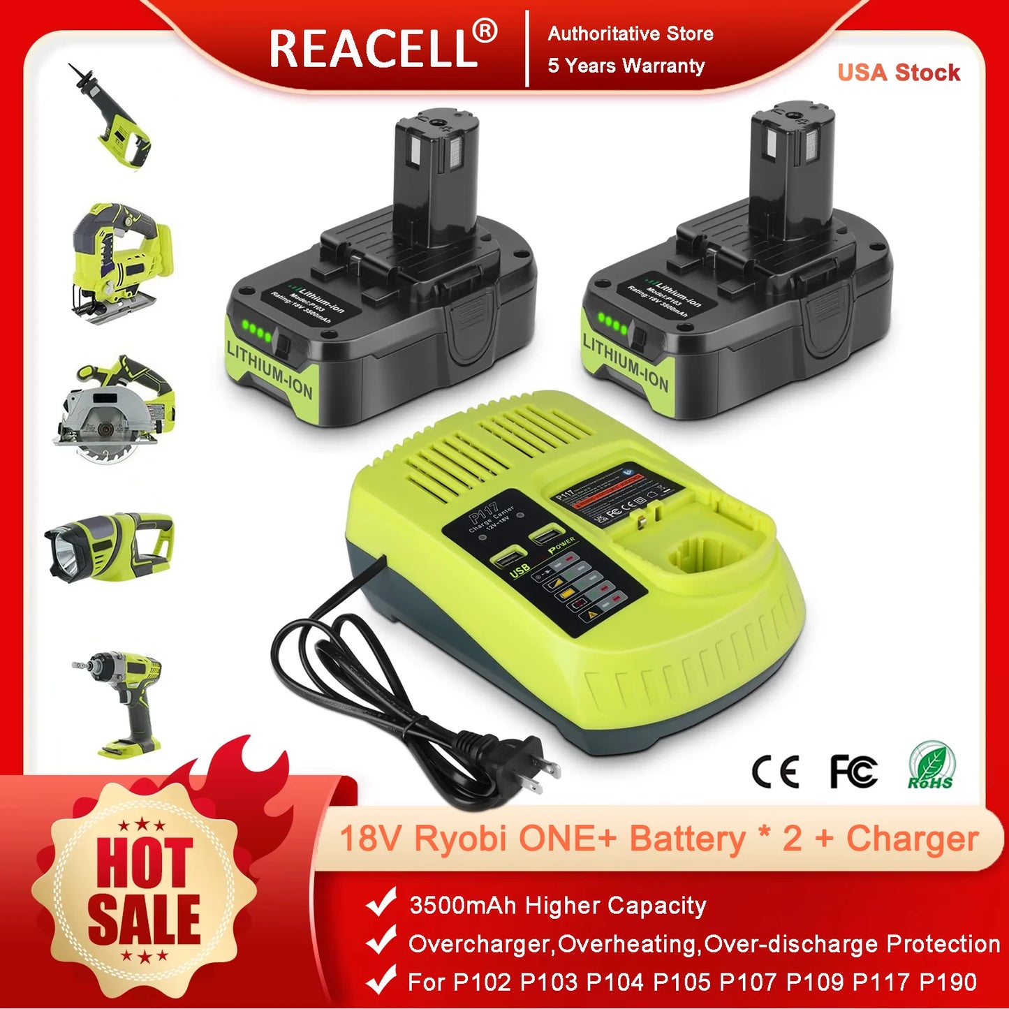 REACELL 2-Pack 3.5Ah Ryobi 18V Battery Charger Set ONE Plus