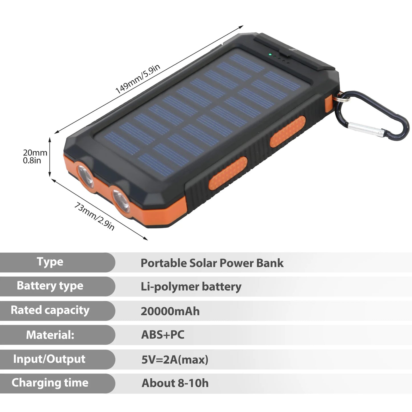 Hik 20000mAh Solar Charger Power Bank Dual USB Waterproof Flashlight