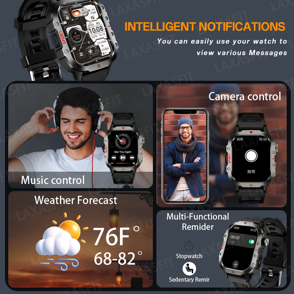 LAXASFIT Smart Watch Bluetooth Voice Call Health Monitor LED Flashlight