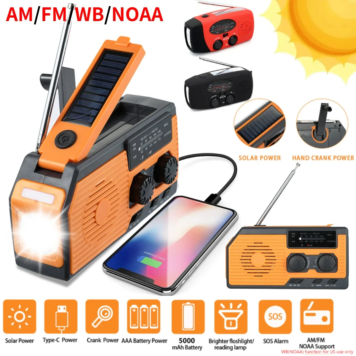 Takezero Solar Power Hand Crank Radio With LED Flashlight