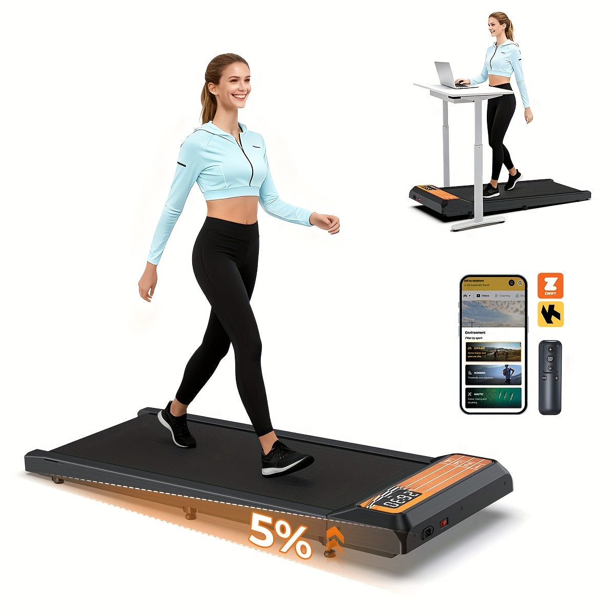 ZORUN 2.5HP Quiet Under Desk Walking Pad Treadmill With Remote