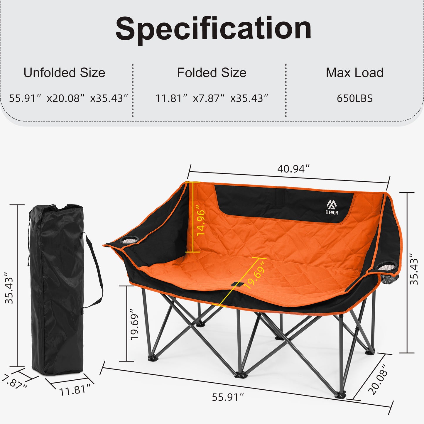 FITVIDS 2-Person Oversized Camping Chair with Cup Holders