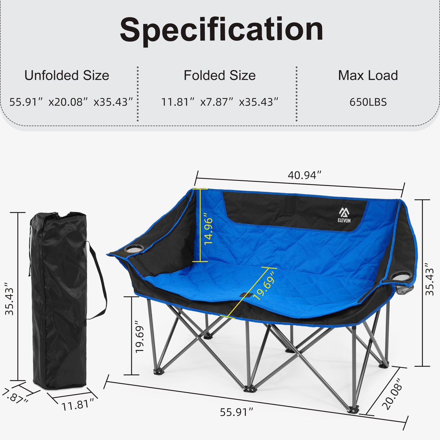 FITVIDS 2-Person Oversized Camping Chair with Cup Holders