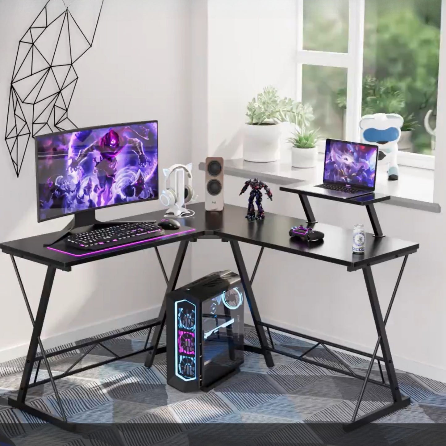 Multifunctional L Shaped Desk With Metal Frame For Gaming